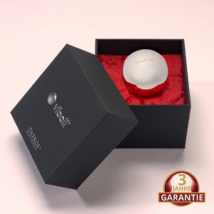 Viball VB50: 50 mm große medizinische Liebeskugel aus antiallergenem Edelstahl für Frauen und Männer in einer schwarzen Box auf rotem Samt. Button: 3 Jahre Garantie.