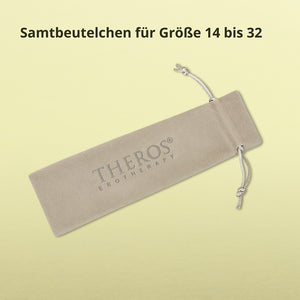 Samtbeutelchen in grau-beige mit Logo Theros Erotherapy für Theros FMS Dilatoren in Große 14 bis 32.