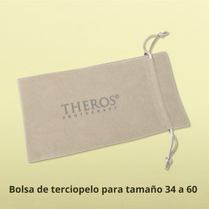 Bolsa de terciopelo gris-beige con logotipo «Theros® Erotherapy» para dilatadores FMS Theros® en tamaños 34 a 60