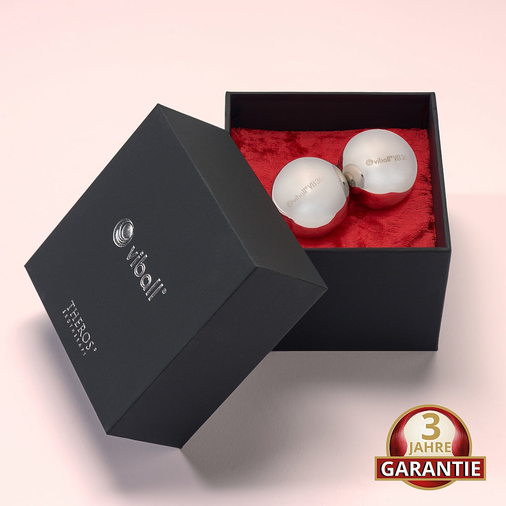 Viball VB36 Paar: Zwei 36 mm große medizinische Liebeskugeln aus antiallergenem Edelstahl für Frauen und Männer in einer schwarzen Box auf rotem Samt. Button: 3 Jahre Garantie.