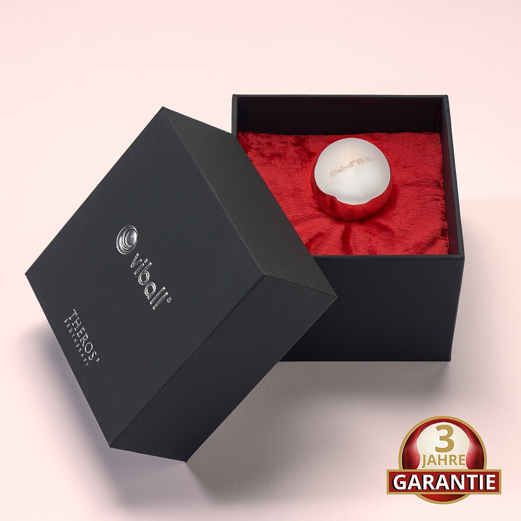Viball VB36: 36 mm große medizinische Liebeskugel aus antiallergenem Edelstahl für Frauen und Männer in einer schwarzen Box auf rotem Samt. Medizinprodukt. Button: 3 Jahre Garantie.