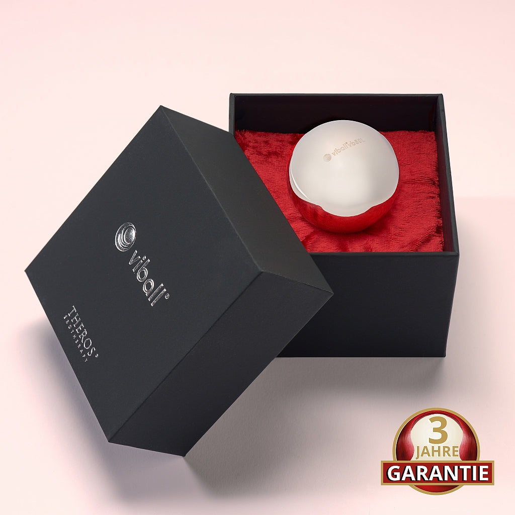 Viball VB50L: 50 mm große medizinische Liebeskugel  aus antiallergenem Edelstahl für Frauen und Männer in einer schwarzen Box auf rotem Samt. Button: 3 Jahre Garantie.