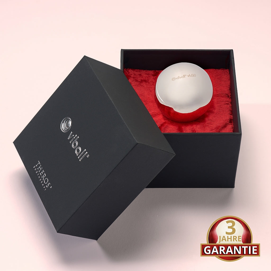 Viball VB50: 50 mm große medizinische Liebeskugel  aus antiallergenem Edelstahl für Frauen und Männer in einer schwarzen Box auf rotem Samt. Button: 3 Jahre Garantie.