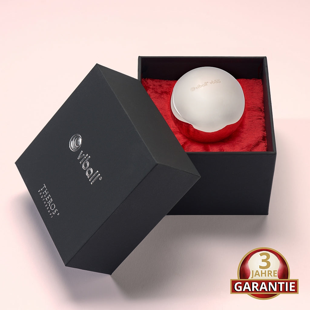 Viball VB55: 55 mm große medizinische Liebeskugel aus antiallergenem Edelstahl für Frauen und Männer in einer schwarzen Box auf rotem Samt. Button: 3 Jahre Garantie. 