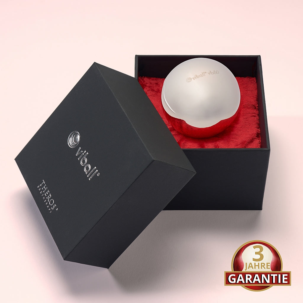 Viball VB60: 60 mm große medizinische Liebeskugel  aus antiallergenem Edelstahl für Frauen und Männer in einer schwarzen Box auf rotem Samt. Button: 3 Jahre Garantie.