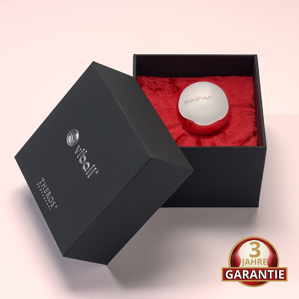 Viball VB40: 40mm große medizinische Liebeskugel aus antiallergenem Edelstahl für Frauen und Männer in einer schwarzen Box auf rotem Samt. Button: 3 Jahre Garantie.