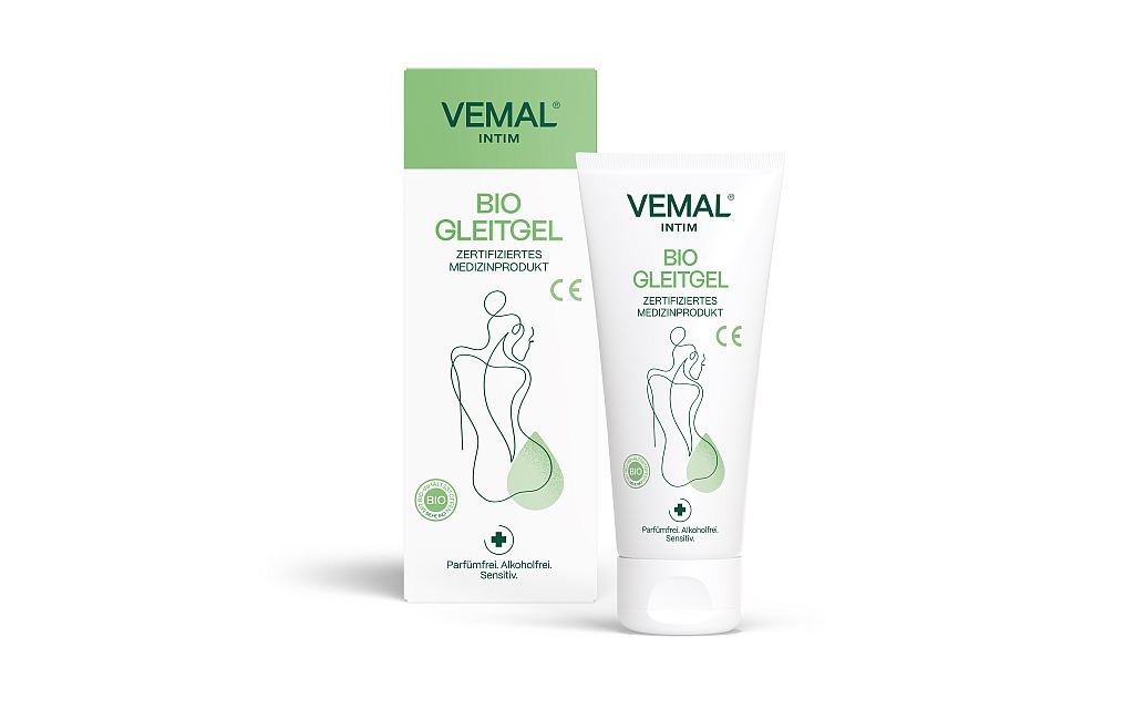 Gleitgel Vemal intim, biologisches Gleitgel ohne Parfum, Konservierungsstoffe oder Alkohol, Medizinprodukt, 100ml Tube und Verpackung.
