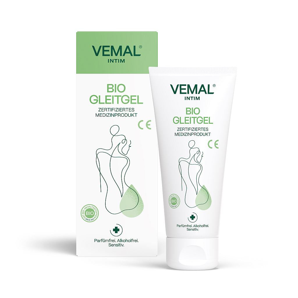 Gleitgel Vemal intim, biologisches Gleitgel ohne Parfum, Konservierungsstoffe oder Alkohol, Medizinprodukt, 100ml Tube und Verpackung.