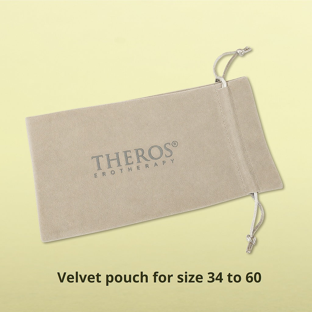 Grey-beige velvet pouch with logo “Theros® Erotherapy” for Theros® FMS dilators in sizes 34 to 60