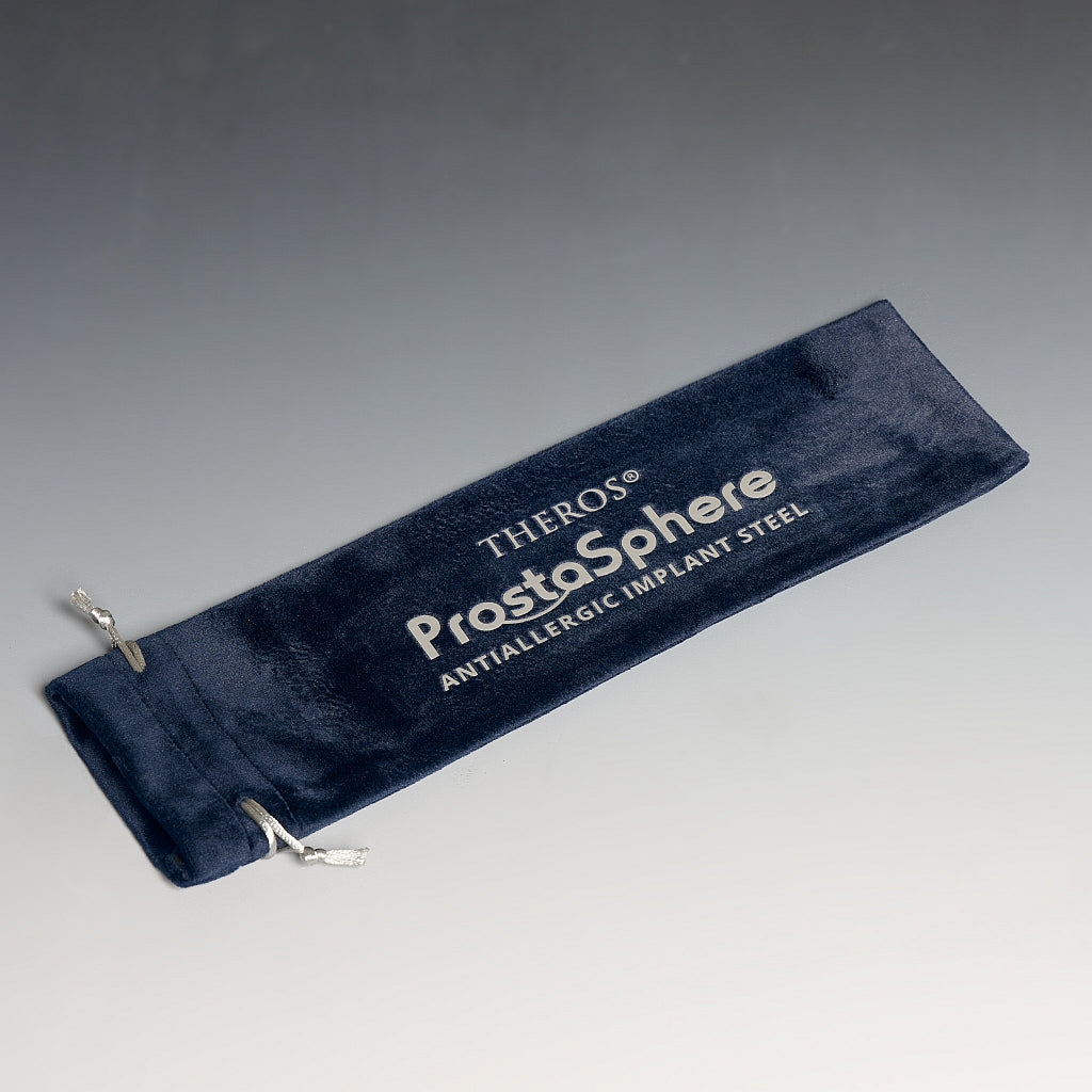 Dark blue velvet pouch with Theros ProstaSphere antiallergic steel logo for ProstaSphere prostate massage device.