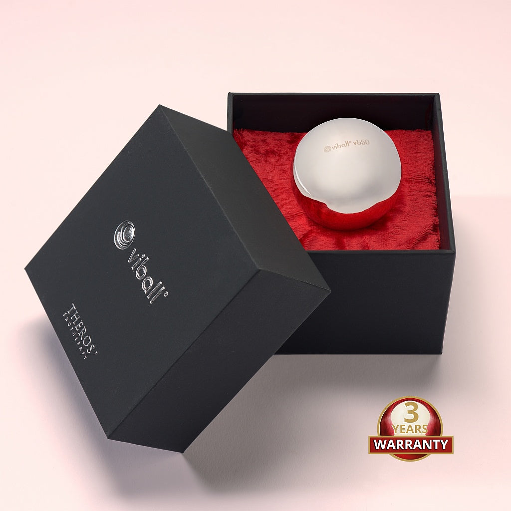 Viball VB50: 50 mm large medical Kegel balls made of anti-allergenic stainless steel for women and men in a black box on red velvet. Medical device. Button: 3-year warranty.