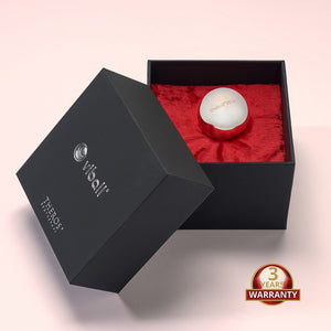 Viball VB36: 36 mm medical kegel ball made of anti-allergenic stainless steel for women and men in a black box on red velvet. Medical device. Button: 3 year warranty.