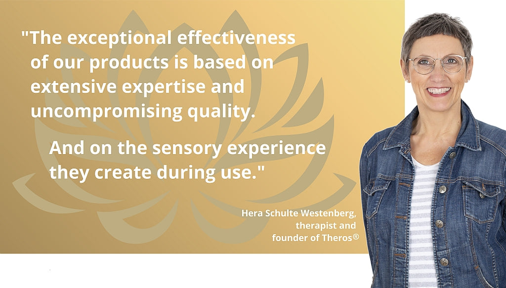 Hera, therapist and founder of Theros®, describes the philosophy and quality of Theros® products. Text in the image: “The exceptional effectiveness of our products is based on in-depth expertise and uncompromising quality. And on the sensual experience they provide during use.”