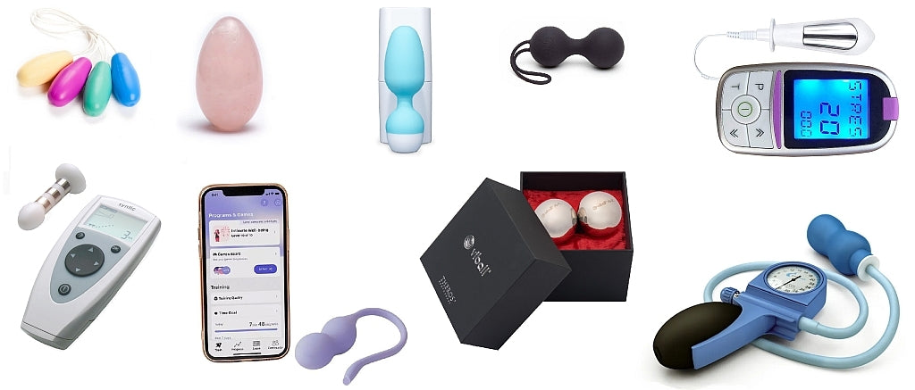 All Types of Pelvic Floor Trainers in a Photo Collage: Vaginal Cones, Yoni Eggs, Fizimed Perifit, Kegel Balls, TENS Devices, smart Pelvic Floor Trainers and tools with Balloon 