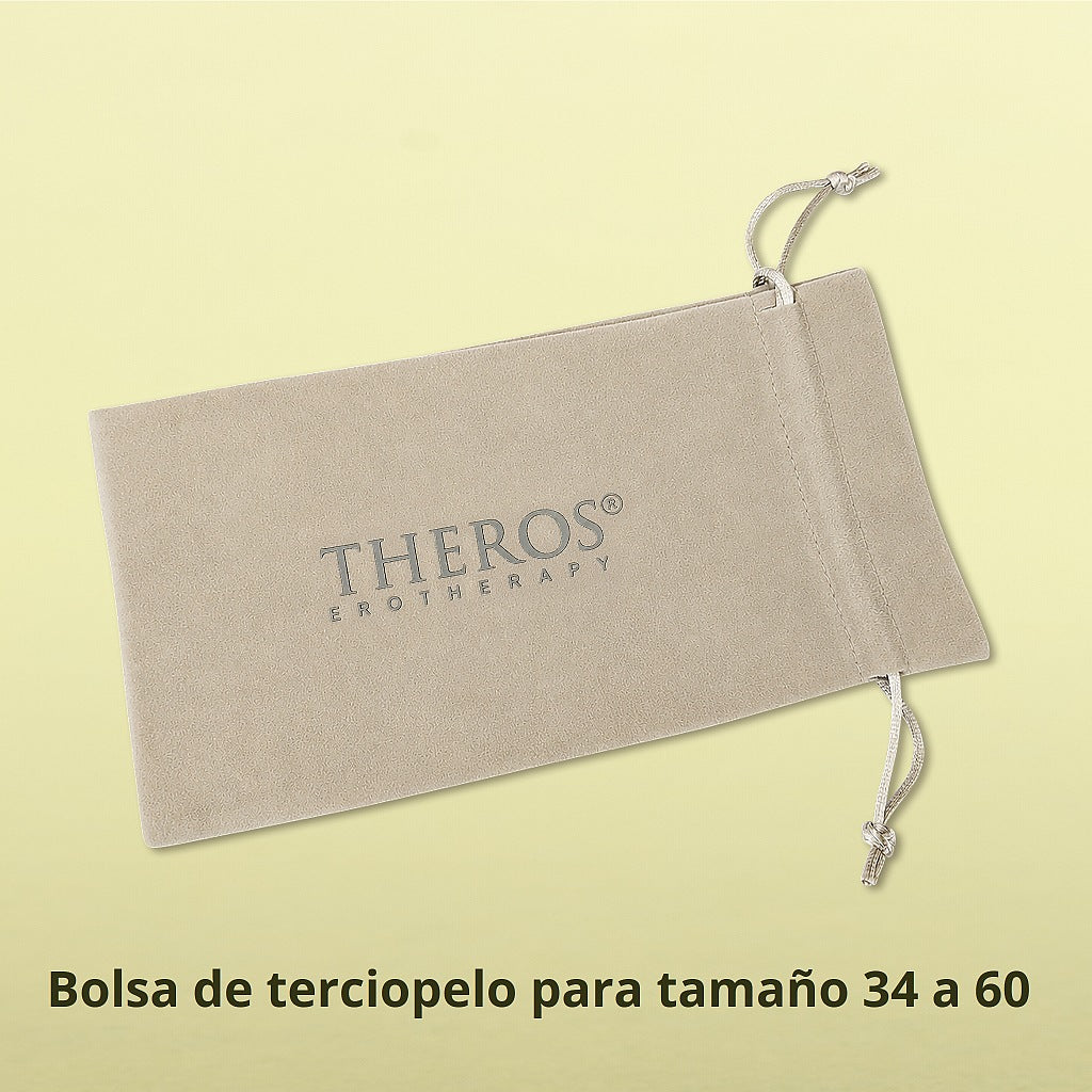 Bolsa de terciopelo gris-beige con logotipo «Theros® Erotherapy» para dilatadores FMS Theros® en tamaños 34 a 60