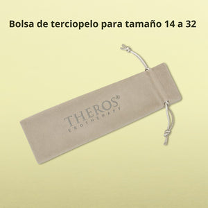 Bolsa de terciopelo gris-beige con logotipo «Theros® Erotherapy» para dilatadores FMS Theros® en tamaños 14 a 32