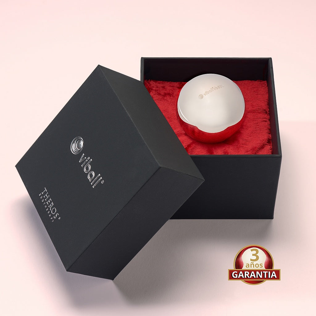 Viball VB55L: bola china médica de 55 mm (light version) de acero inoxidable antialérgico para mujeres y hombres en una caja negra sobre terciopelo rojo. Button: 3 años de garantía.