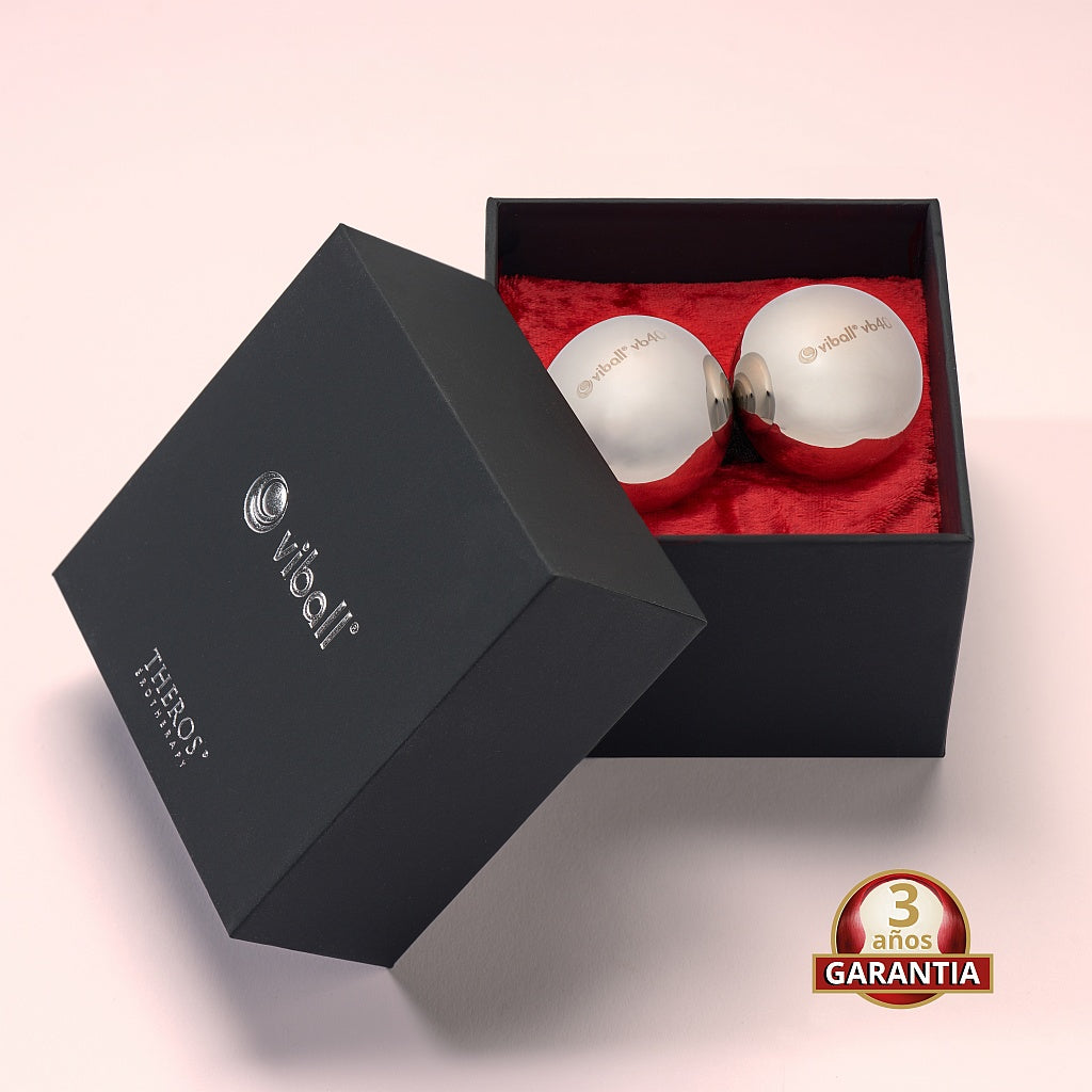 Viball VB36 par: Dos bolas chinas médicas de 36 mm de acero inoxidable antialérgico para mujeres y hombres en una caja negra sobre terciopelo rojo. Button: 3 años de garantía.