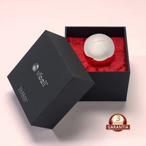 Viball VB50: bola china médica de 50 mm de acero inoxidable antialérgico para mujeres y hombres en una caja negra sobre terciopelo rojo. Button: 3 años de garantía.