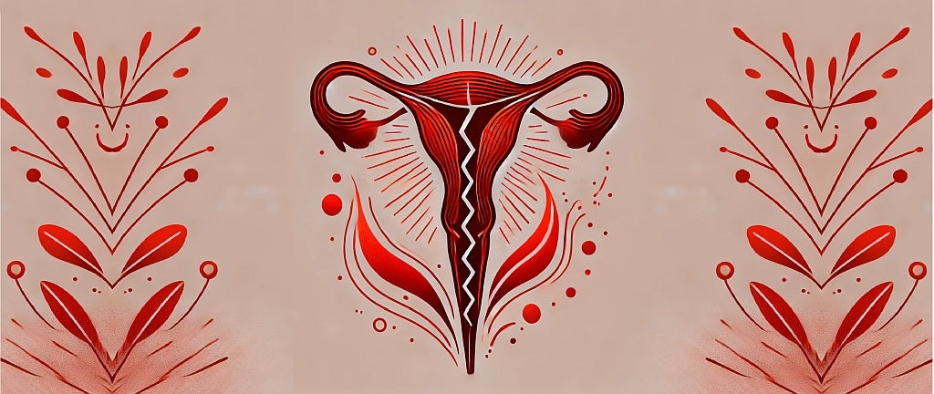 Tríptico de tres dibujos estilizados en tonos rojo sangre sobre un fondo claro, que simbolizan el dolor durante las relaciones sexuales (dispareunia). A la izquierda y a la derecha, formas abstractas similares a plantas, con hojas puntiagudas, espinas y líneas simétricas, evocan el cuerpo femenino y su vulnerabilidad. En el centro, una representación gráfica de una vagina con contornos acentuados; una flecha dentada con forma de rayo atraviesa verticalmente el centro y simboliza claramente el dolor y las se