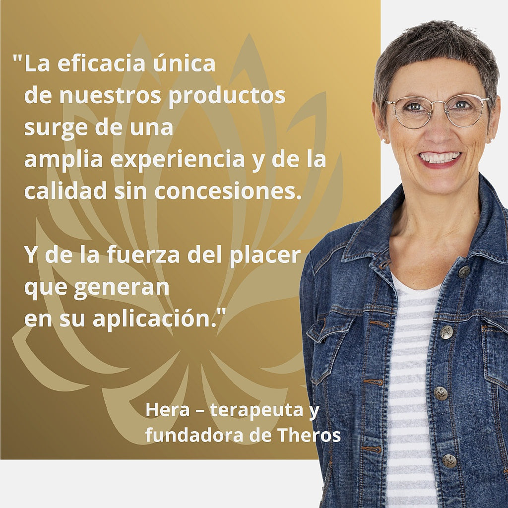 Hera, terapeuta y fundadora de Theros®, junto al texto: “La eficacia única de nuestros productos surge de una amplia experiencia y de la calidad sin concesiones. Y de la fuerza del placer que generan en su aplicación.”