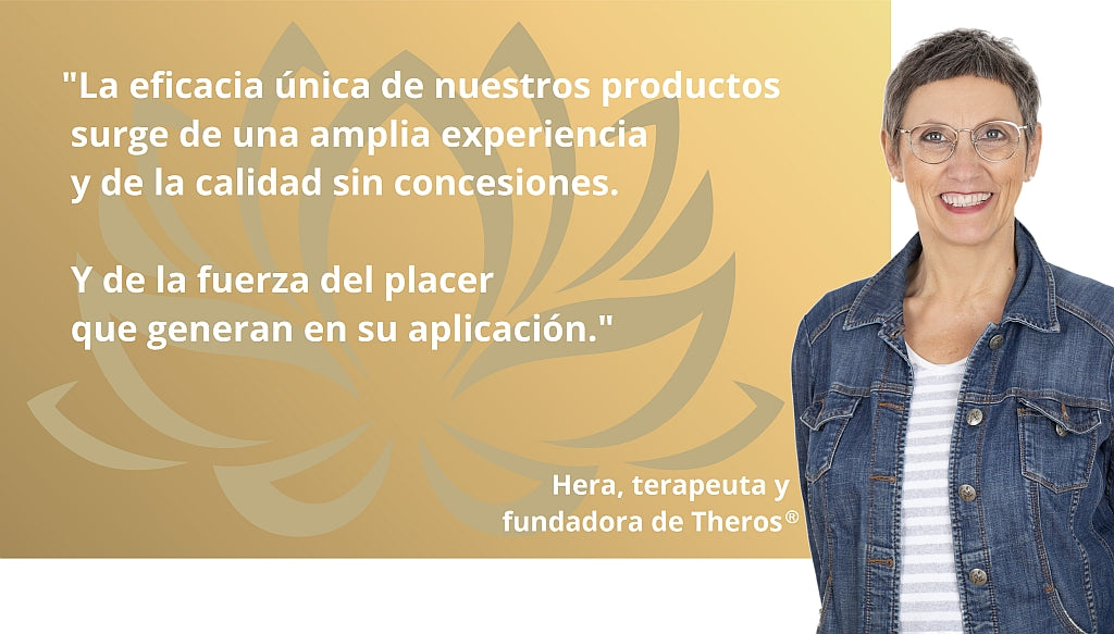 Hera, terapeuta y fundadora de Theros®, junto al texto: “La eficacia única de nuestros productos surge de una amplia experiencia y de la calidad sin concesiones. Y de la fuerza del placer que generan en su aplicación.”
