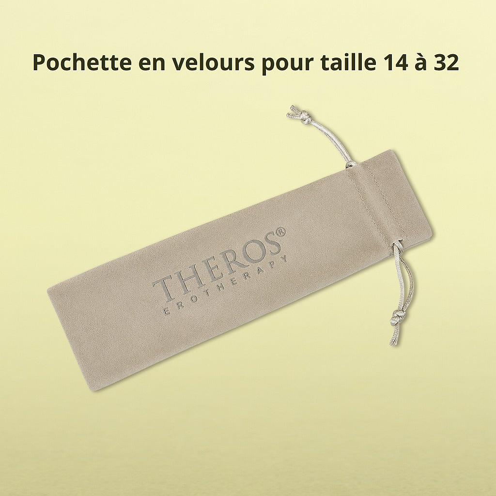 Pochette en velours gris-beige avec logo « Theros® Erotherapy » pour dilatateurs FMS Theros® en tailles 14 à 32