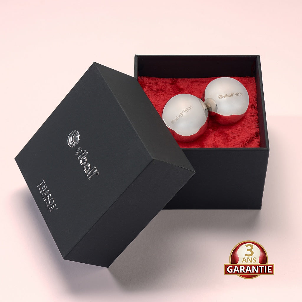 Viball VB36 paire : deux boules de Geisha médicales de 36 mm en acier inoxydable anti-allergique pour femmes et hommes dans une boîte noire sur velours rouge. Button: garantie 3 ans.