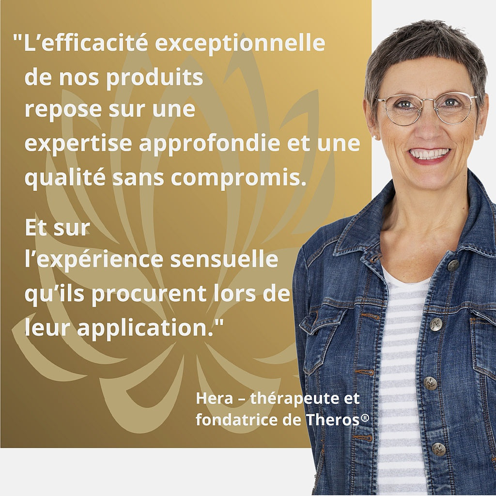 Hera, thérapeute et fondatrice de Theros®, présente la philosophie de qualité de Theros. Texte dans l’image : « L’efficacité exceptionnelle de nos produits repose sur une expertise approfondie et une qualité sans compromis. Et sur l’expérience sensuelle qu’ils procurent lors de leur application. »