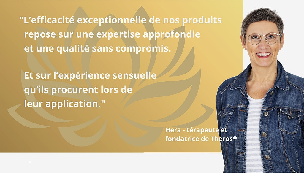 Hera, thérapeute et fondatrice de Theros®, présente la philosophie de qualité de Theros. Texte dans l’image : « L’efficacité exceptionnelle de nos produits repose sur une expertise approfondie et une qualité sans compromis. Et sur l’expérience sensuelle qu’ils procurent lors de leur application. »