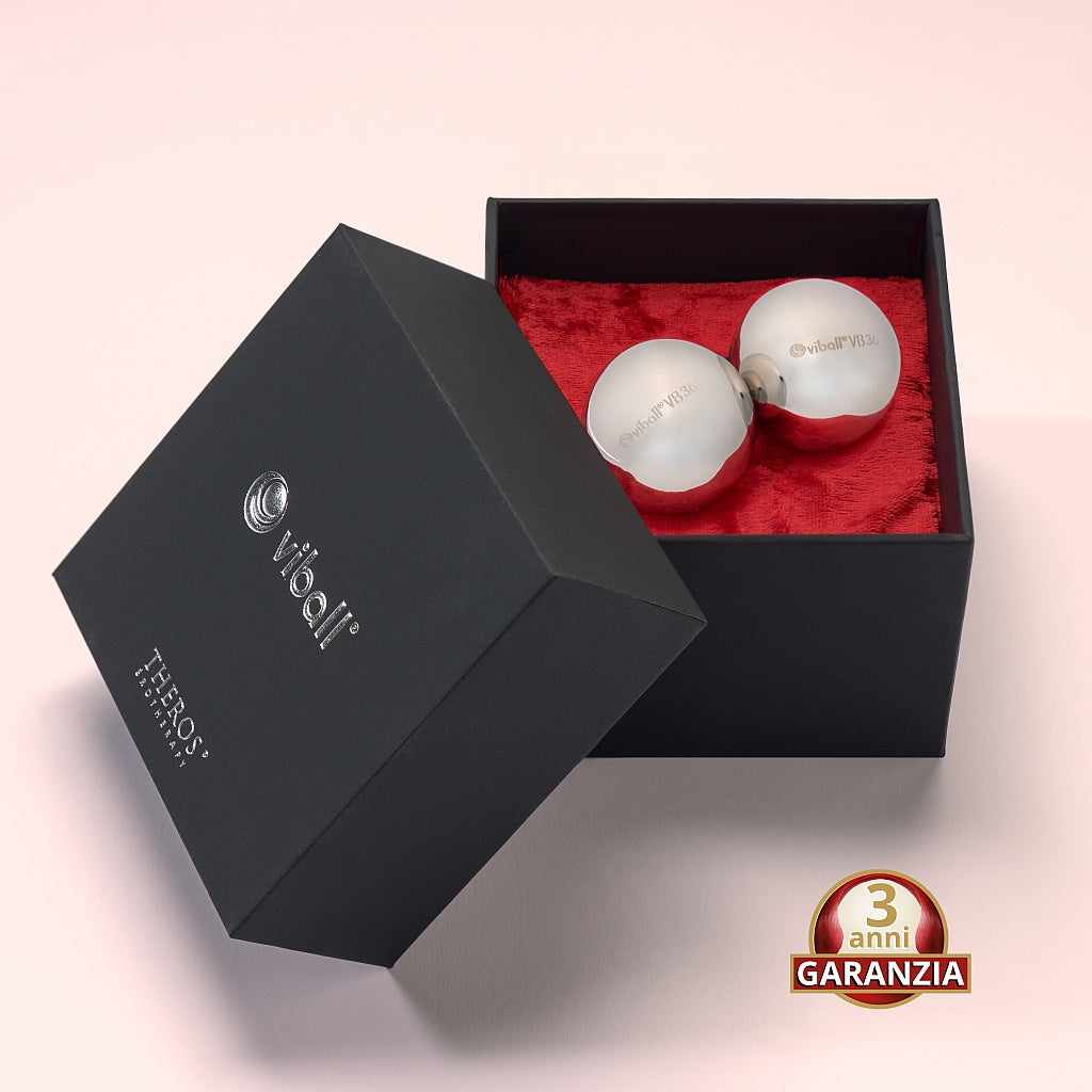 Viball VB36 coppia: due palline vaginali mediche da 36 mm in acciaio inossidabile anallergico per donne e uomini in una scatola nera su velluto rosso. Button: 3 anni di garanzia.

